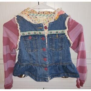 Matilda Jane Denim Jacket Girls Size 6 Pink‎ Striped Sleeves Ruffled Hooded